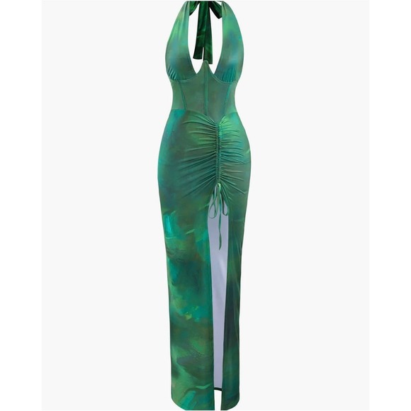 Micas Green Halter Maxi Dress Ruched Slit Bodycon Party Cocktail Evening XL - Picture 6 of 8